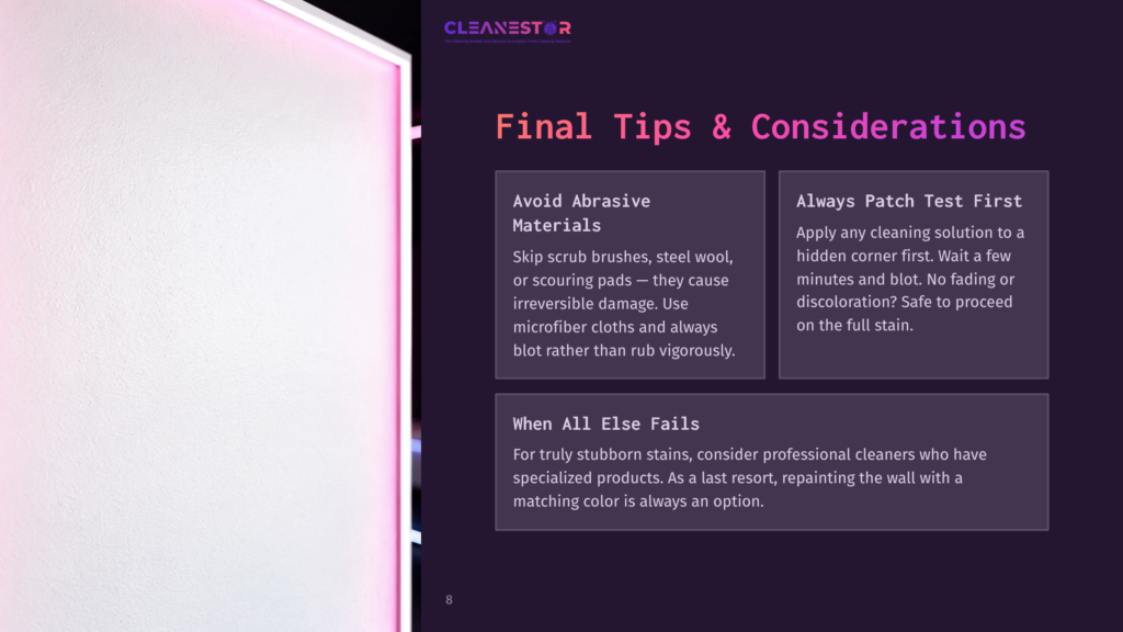 Cleanestor Logo And &Quot;Final Tips &Amp; Considerations&Quot; Title. Two Tip Boxes: &Quot;Avoid Abrasive Materials&Quot; And &Quot;Always Patch Test First&Quot;, With A Third Box Below For &Quot;When All Else Fails&Quot;.