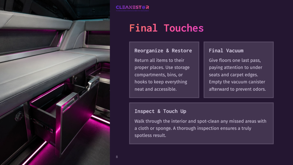 A Modern Boat Interior Showcasing Organized Compartments, A Vacuum Canister, And Neon Lighting, With Text Highlights On Cleaning Tips.