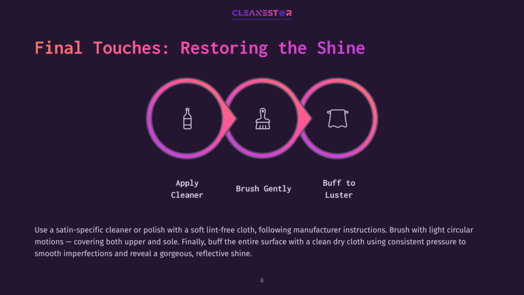 Flowchart Illustrating The Final Touches For Restoring Shine: Apply Cleaner, Brush Gently, Buff To Luster. The Image Features A Dark Purple Background With Three Overlapping Circles In Gradient Pinks And Purples, Each Containing An Icon Representing A Step.