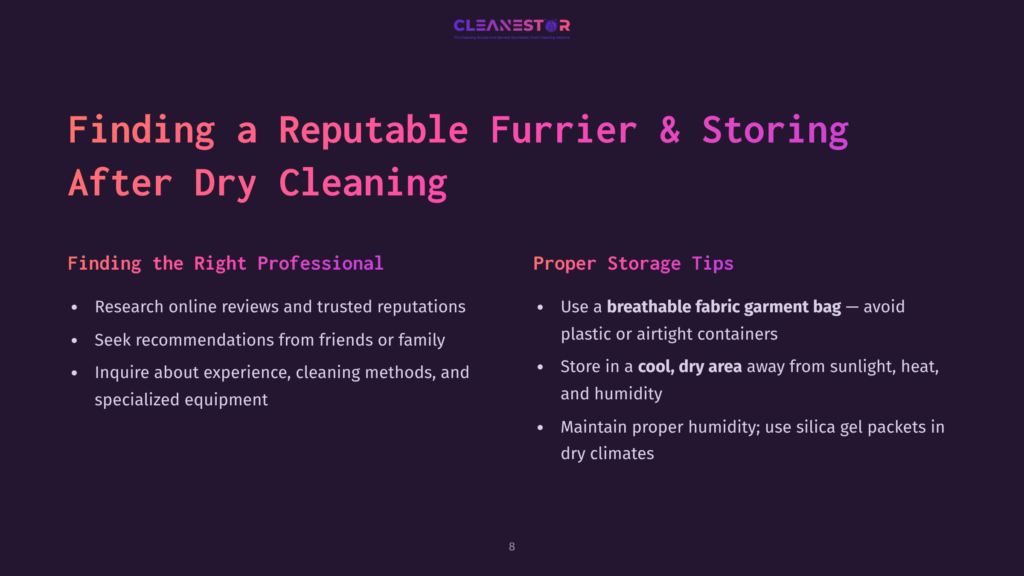 Text On A Dark Purple Background Outlining Tips For Finding A Reputable Furrier And Storing Fur Garments, With Emphasis On Professional Research And Storage Advice.