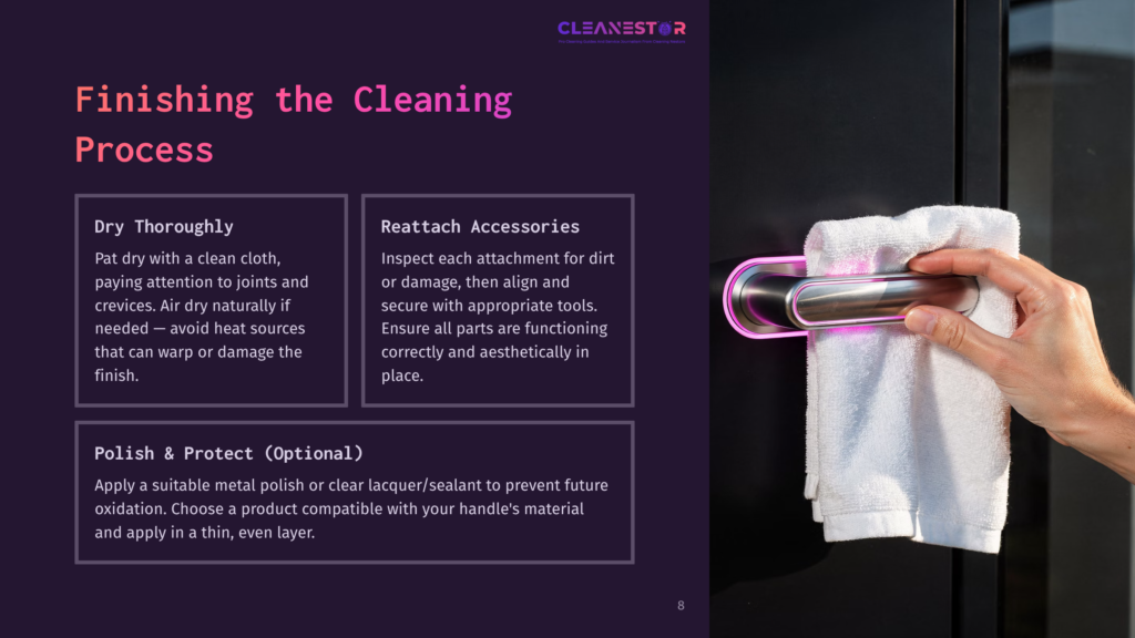 Close-Up Of A Hand In A White Cloth Polishing A Modern Stainless Steel Door Handle, With A Pink Glow Emanating From The Handle. Text Overlay: &Quot;Finishing The Cleaning Process&Quot;.