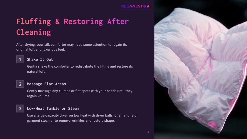 Light Pink Silk Comforter Being Gently Fluffed, With Text Instructions In Bold White Font On A Dark Purple Background.