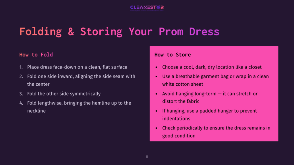 Instructions For Folding And Storing A Prom Dress, With Pink Text Highlights, Step-By-Step Tips, And A Clean, Organized Layout.