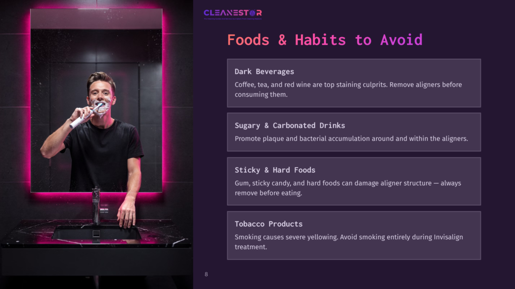 A Man With A Toothbrush In His Mouth And Shaving Cream On His Face Brushes His Teeth In Front Of A Brightly Lit Mirror, With Text Overlaying The Right Side Of The Image Detailing &Quot;Foods &Amp; Habits To Avoid&Quot; For Clear Aligners.