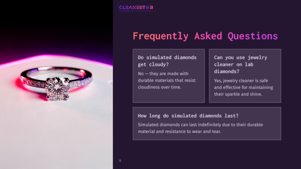 A Silver Ring With A Large Simulated Diamond Sits On A Lit Surface, Alongside Text Boxes With Faq About Simulated Diamonds.