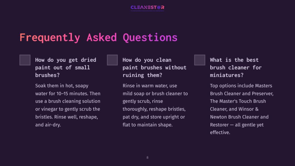 Two Columns Of Text With Faqs About Cleaning Miniature Paintbrushes, Featuring Purple Accents, A Clean Layout, And A Minimalist Design.