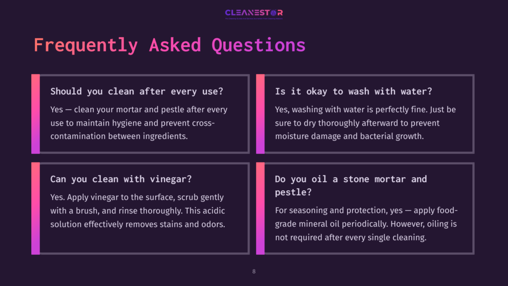 Four Question-And-Answer Boxes On A Dark Background, Featuring Bold Text In White And Purple, Discussing Care Tips For Stone Mortar And Pestle.