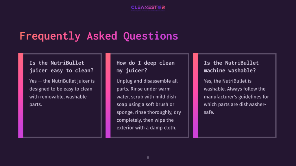 Purple Background With Three Text Boxes. The First Asks About Cleaning A Nutribullet Juicer; The Second Provides Cleaning Steps; The Third Confirms It'S Washable.
