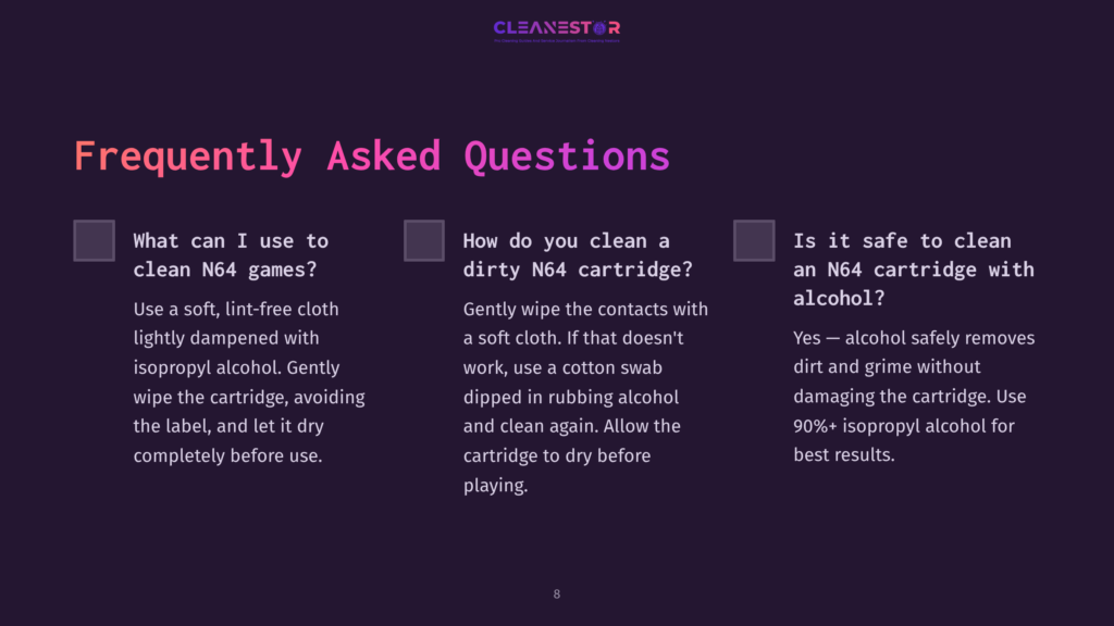 8 Frequently Asked Questions 12 Text On A Dark Background With White And Pink Headings, Featuring Faq-Style Questions About Cleaning Nintendo 64 Games And Cartridges.