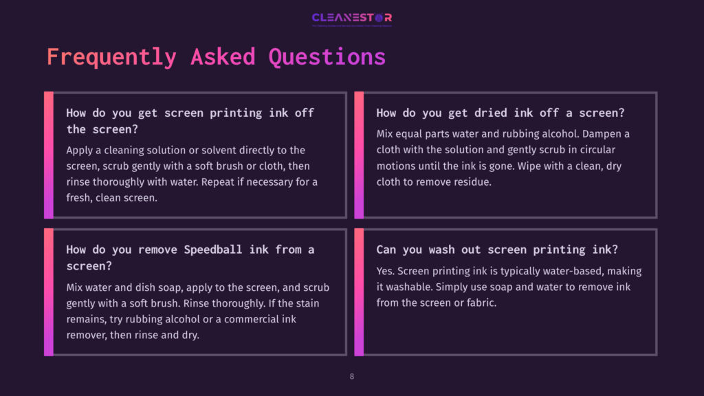 Infographic With Faqs On Cleaning Screen Printing Screens, Featuring Dark Background, Pink Headings, And Three Question-And-Answer Sections.