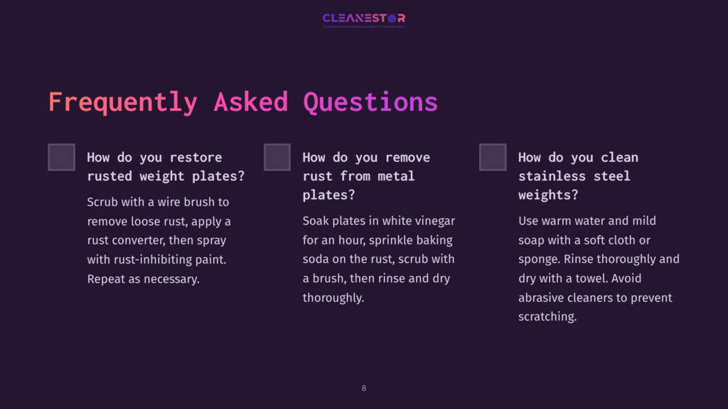 Three Questions In White Text On A Dark Purple Background, Outlining Methods For Restoring And Cleaning Metal Weight Plates.