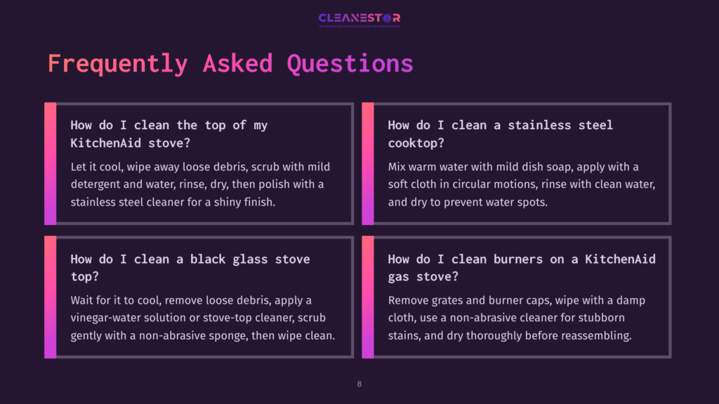 Text On A Dark Background Detailing Faqs About Cleaning Kitchenaid Stove Tops, With Highlighted Questions In Purple.