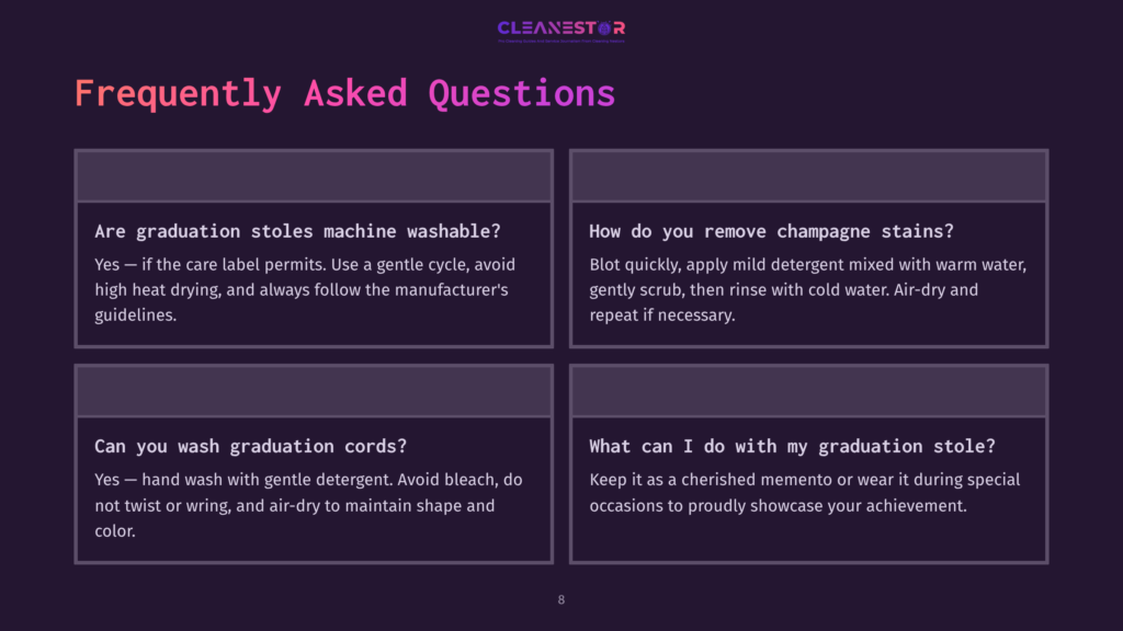 Four Faqs On A Dark Purple Background, Featuring White Text. Sections Cover Cleaning Graduation Stoles, Removing Stains, And Caring For Graduation Cords.