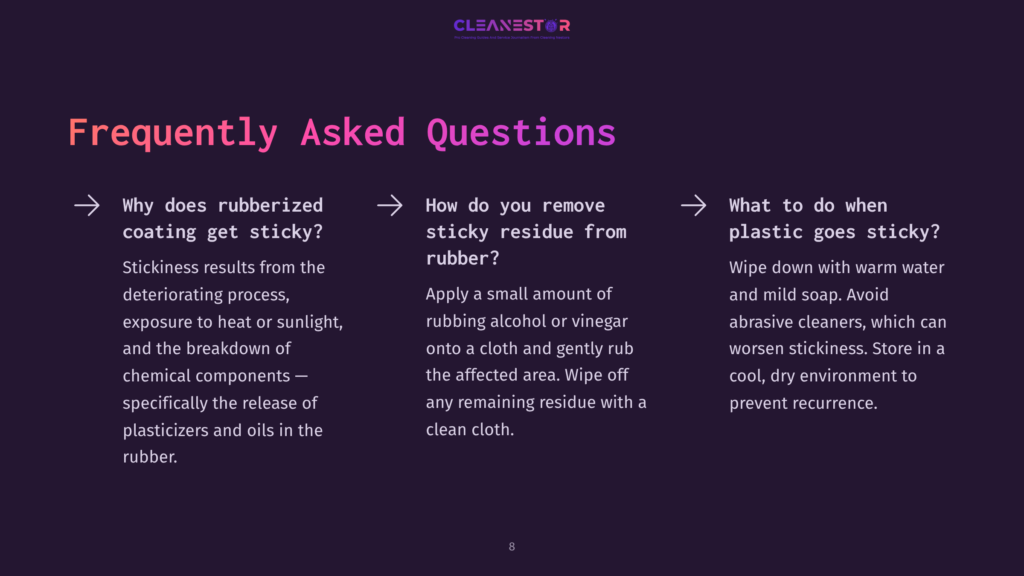 8 Frequently Asked Questions 2 Text On A Dark Background With A Purple Hue, Featuring A Q&Amp;A Format About Cleaning Sticky Rubber, Including Instructions And Tips.