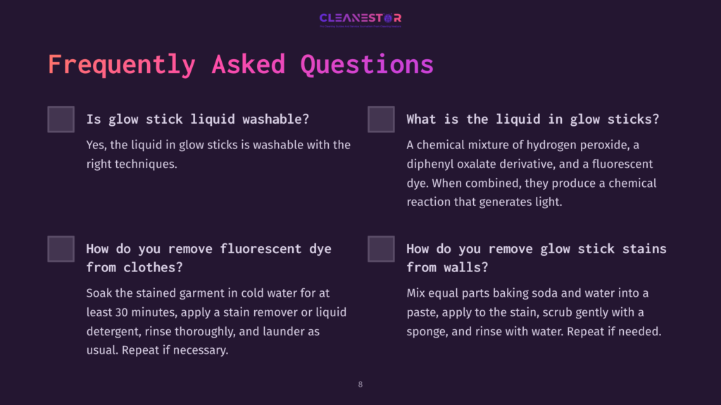 Textual Content Formatted In A Two-Column Layout, Featuring Faqs On Cleaning Glow Stick Liquid And Fluorescent Dye, Against A Purple Background.