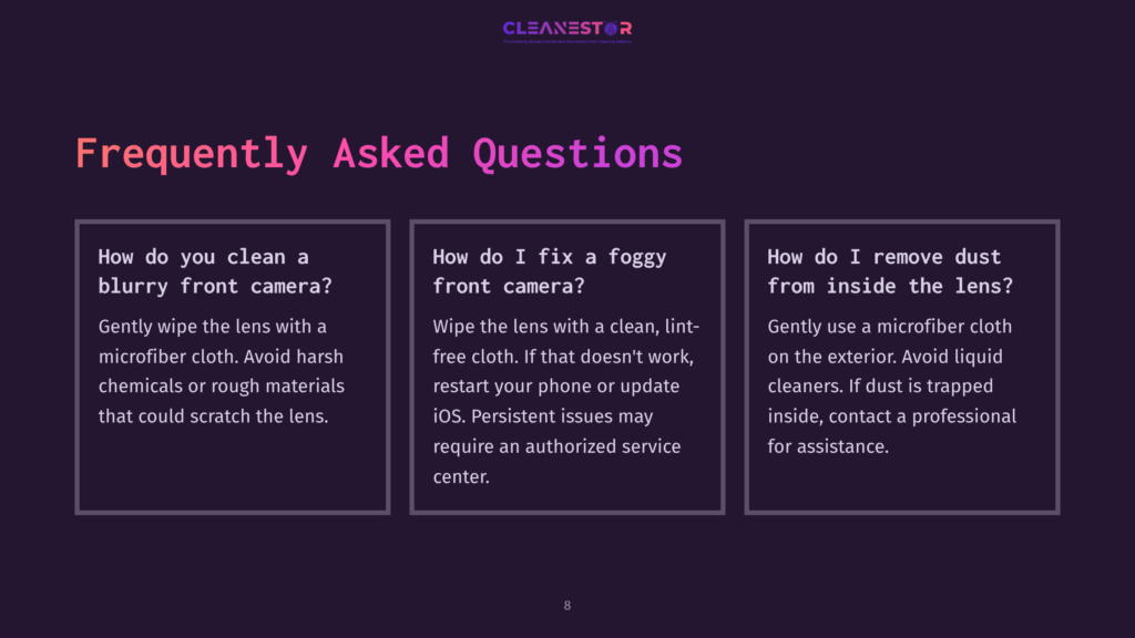 Three Sections Of Frequently Asked Questions Against A Dark Purple Background, Featuring White Text And A Pink Header Showcasing Cleaning Tips For Iphone Cameras.