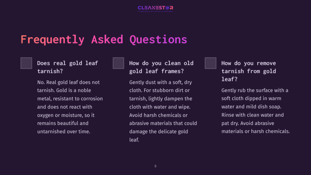 Text On A Dark Background With White And Purple Highlights. Lists Questions About Gold Leaf Care, With Checkboxes And Clear Instructions.