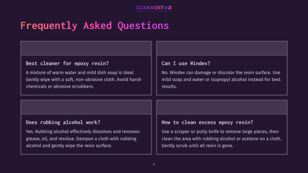 Four Rectangular Sections With A Dark Background Contain White Text Addressing Frequently Asked Questions About Cleaning Epoxy Resin, Featuring Bold Headings And Clear Answers.