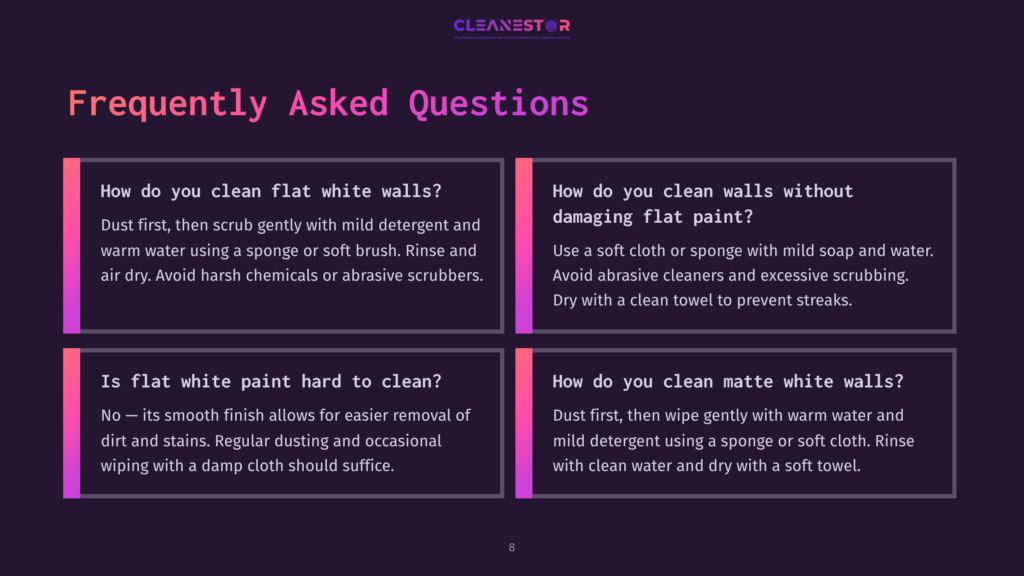 Text-Based Faq Layout Featuring Questions About Cleaning Flat White Paint And Methods, Highlighted In Pink And Purple Boxes Against A Dark Background.