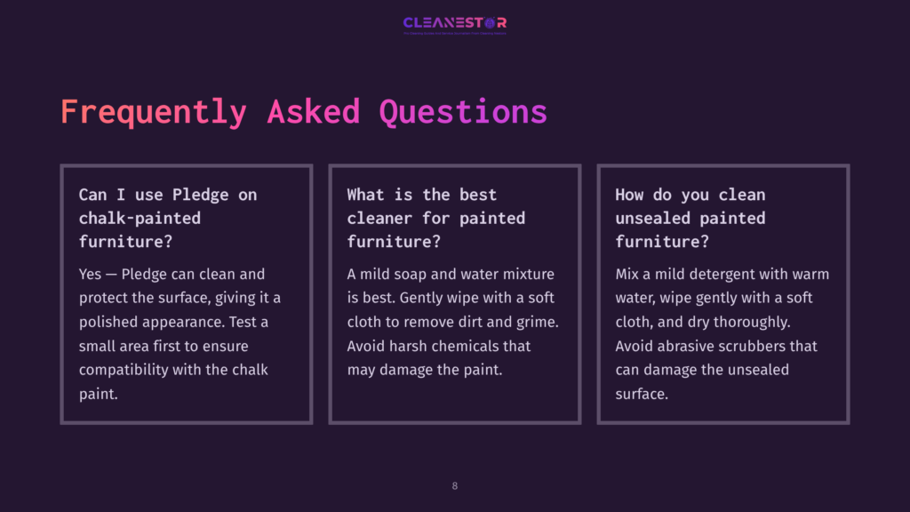 Three Text Boxes On A Dark Purple Background, Featuring Faqs About Cleaning Chalk-Painted Furniture, With Varying Font Sizes And Colors.