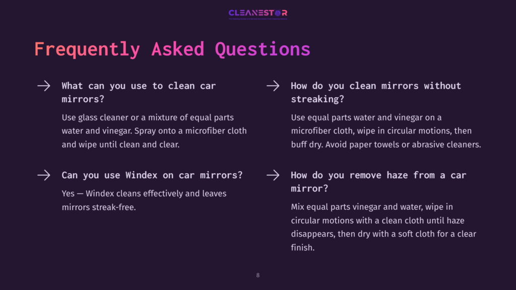 8 Frequently Asked Questions 28 Text-Based Faq Layout Featuring Cleaning Tips For Car Mirrors, With Clear Headings And Contrasting Colors. Background Is Dark Purple.