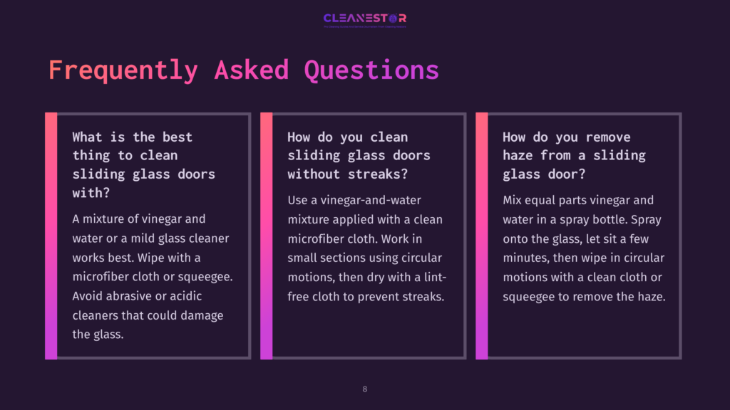 Three Bright, Colorful Panels On A Dark Background Featuring Faqs About Cleaning Glass Doors, With Text In White And Orange.