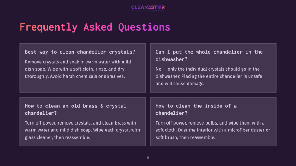 Four Faq Boxes On A Dark Background, Featuring White Text With Purple Accents, Discussing Chandelier Cleaning And Maintenance Tips.