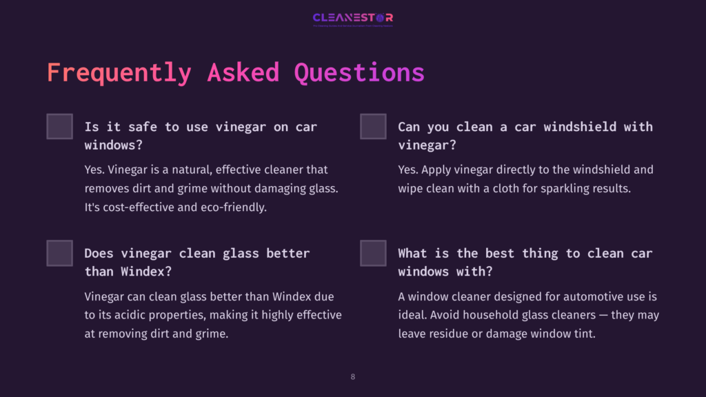 Text On A Dark Background Featuring Faqs About Using Vinegar For Cleaning Car Windows, With Checkboxes And Varying Font Styles.