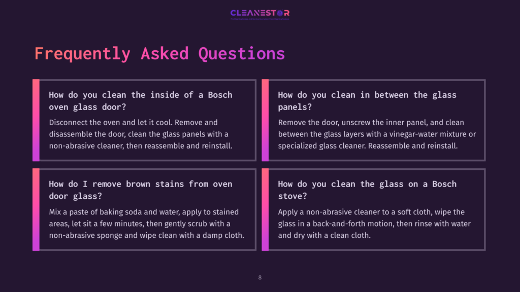 Question And Answer Layout Featuring Faqs About Cleaning A Bosch Oven Door Glass, With A Dark Background And Vibrant Text, Including Tips And Methods.