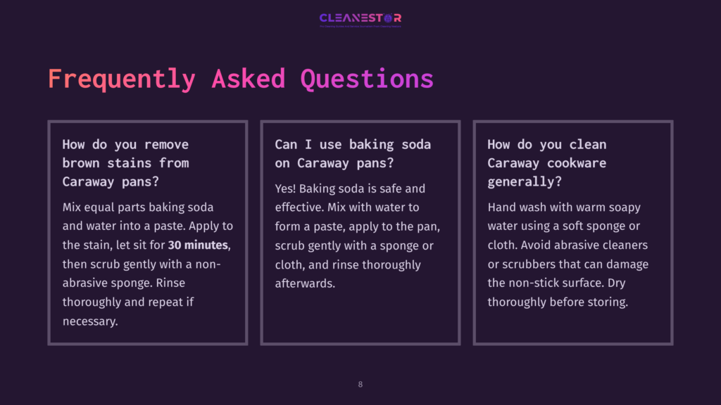 Three Faq Boxes On A Dark Background With Pink Headings. Each Box Contains A Question And Answer About Cleaning Caraway Pans.