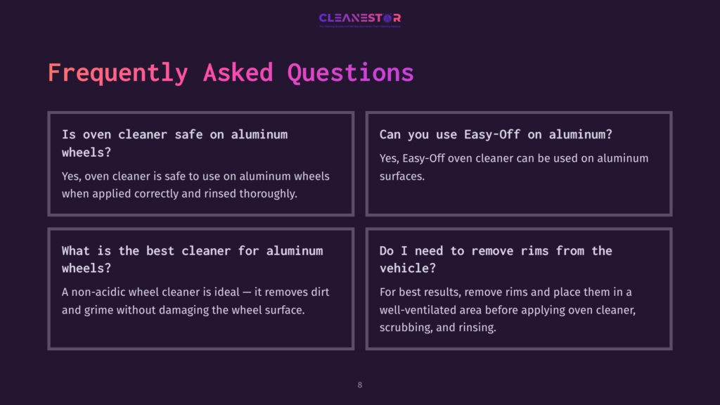 Four Square Panels With White Text On A Dark Purple Background, Answering Faqs About Cleaning Aluminum Rims And Oven Cleaner Use.
