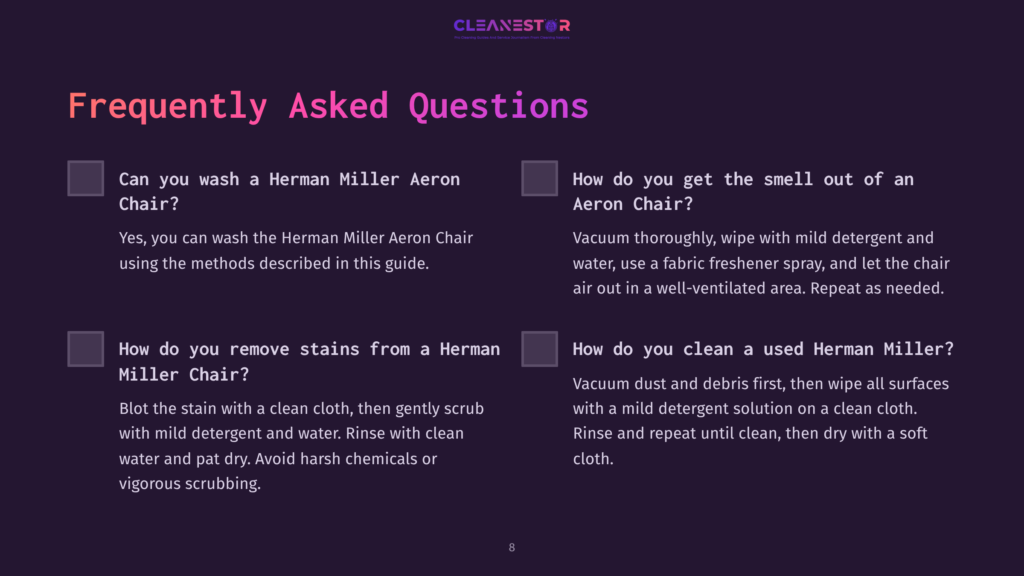 Two Faq Sections With Pink Boxes On A Dark Background, Featuring Questions About Cleaning A Herman Miller Aeron Chair And Tips For Removing Stains.
