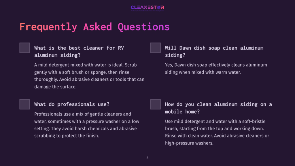 Two Columns Of Text Featuring Faqs About Cleaning Aluminum Siding, With A Purple Background And White Bold Headings.