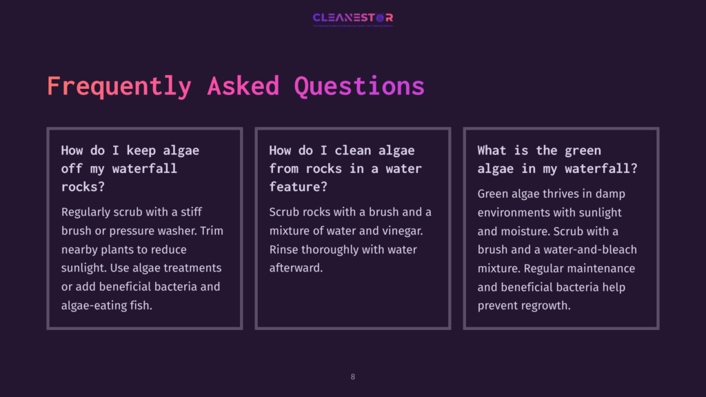 Textual Content With White Font On A Dark Purple Background Outlines Faqs About Cleaning Algae From Waterfall Rocks And Water Features.