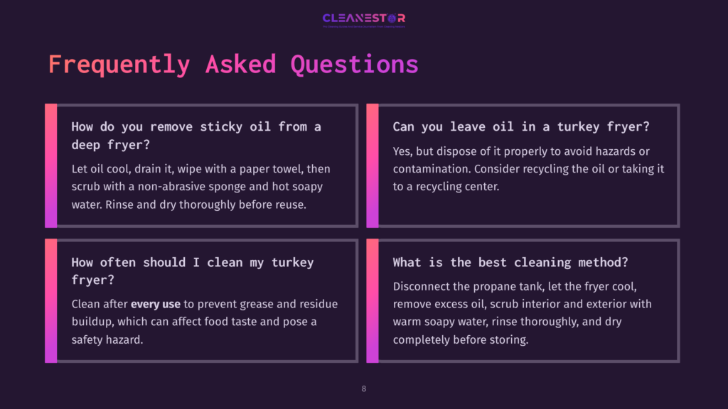 Four Boxes Of Text Answering Frequently Asked Questions About Turkey Fryer Maintenance, With A Dark Background And Vibrant Pink Headings.