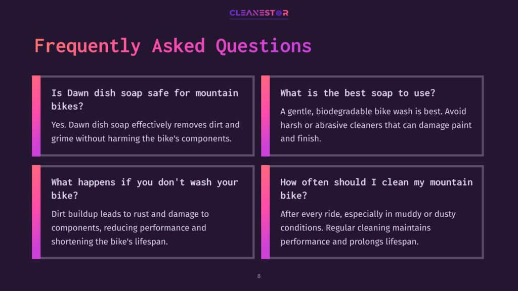 Four Quadrants Featuring Faqs: Key Text In White And Pink On A Purple Background, Discussing Mountain Bike Cleaning And Maintenance.