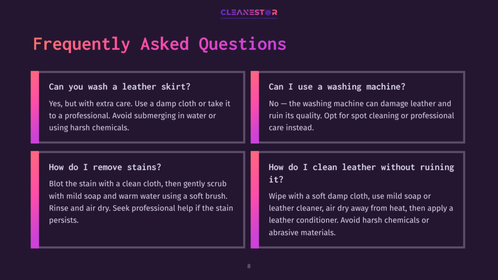 Text On A Dark Background Featuring Faqs About Cleaning Leather, Highlighted In Pink And Purple Boxes, With Clear, Concise Questions And Answers.