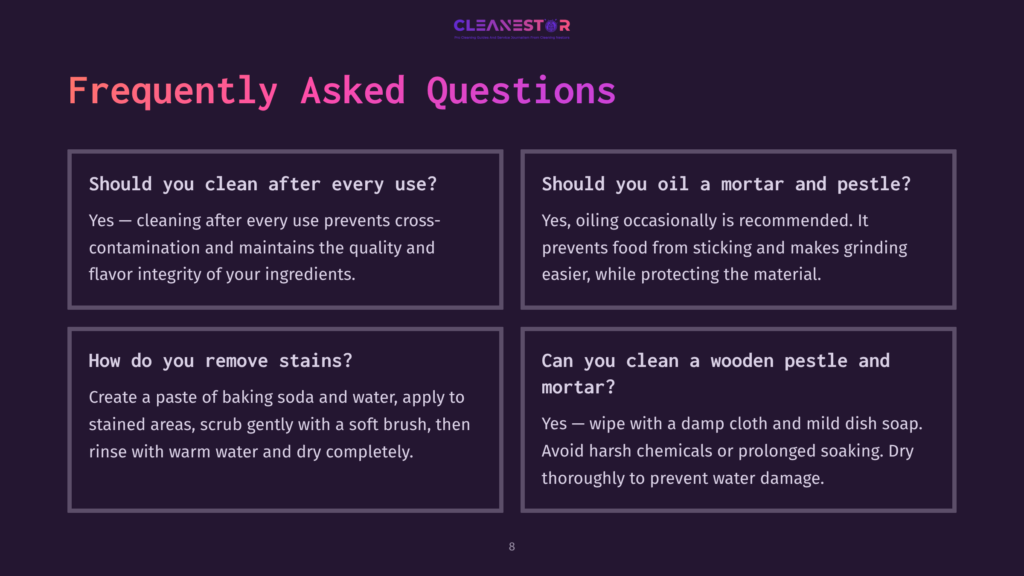 Graphic With Four Faq Boxes On Cleaning A Mortar And Pestle, Featuring A Dark Background, Purple Accents, And White Text.