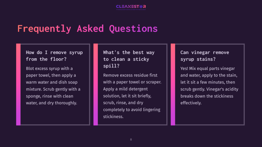 The Image Displays A Dark Purple Background With The Title &Quot;Frequently Asked Questions&Quot; In Large, Bold White And Pink Letters. Below The Title, Three Vertical Panels Offer Cleaning Advice: &Quot;How Do I Remove Syrup From The Floor?&Quot;, &Quot;What'S The Best Way To Clean A Sticky Spill?&Quot;, And &Quot;Can Vinegar Remove Syrup Stains?&Quot;. The Panels Have Gradient Pink And Purple Accents On The Left Side.