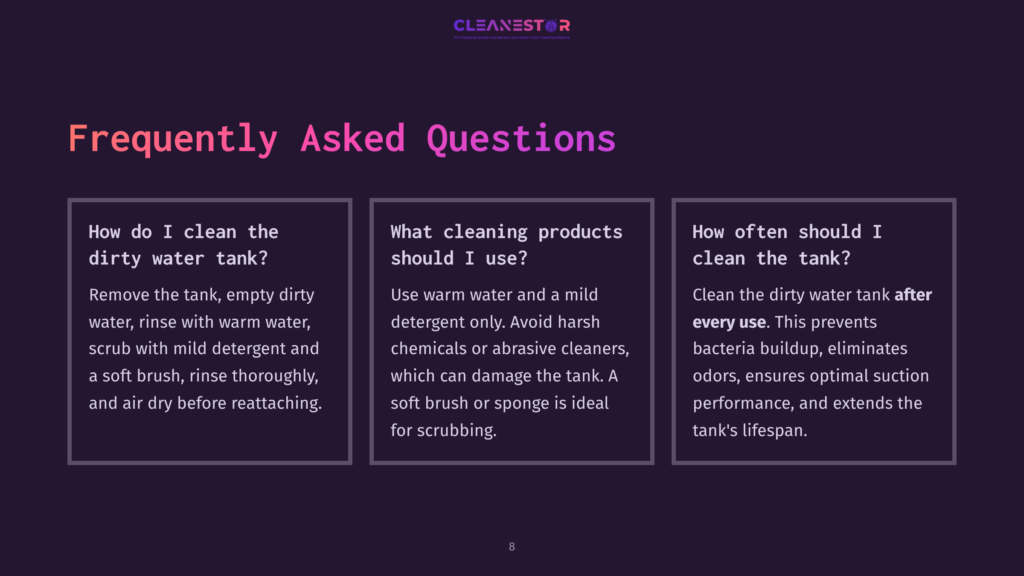 Three Panels Of Text On A Dark Purple Background With The Cleanestor Logo At The Top. The Panels Are Titled &Quot;How Do I Clean The Dirty Water Tank?&Quot;, &Quot;What Cleaning Products Should I Use?&Quot;, And &Quot;How Often Should I Clean The Tank?&Quot;.