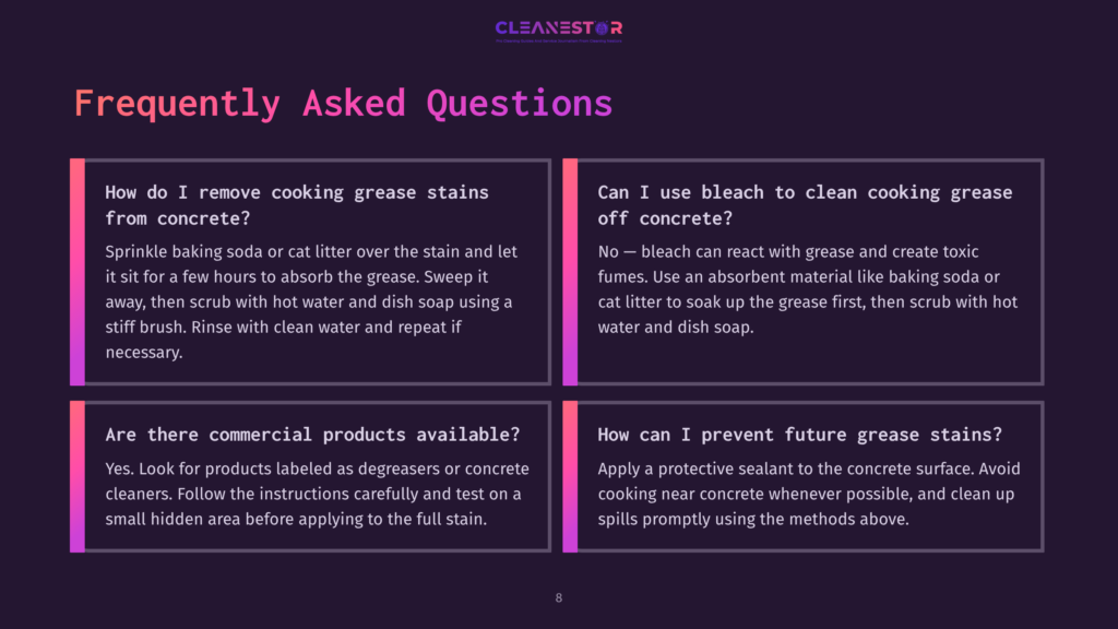 8 Frequently Asked Questions 49 Frequently Asked Questions About Cleaning Concrete Grease Stains. Sections Include Removing Stains, Using Bleach, Commercial Products, And Preventing Future Stains.