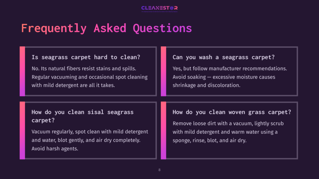 Four Text Boxes Highlight Frequently Asked Questions About Cleaning Seagrass Carpet, With A Purple And Black Color Scheme.