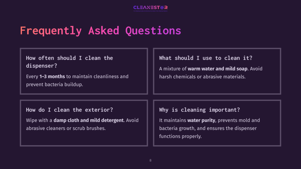 A Dark Purple Slide With The Title &Quot;Frequently Asked Questions&Quot; In Large, Bold, Pink Text. Below Are Four Boxes With Questions And Answers About Cleaning A Dispenser, Including &Quot;How Often Should I Clean The Dispenser?&Quot; And &Quot;What Should I Use To Clean It?&Quot;.
