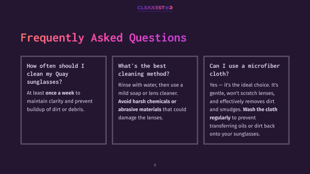 Cleanestor Logo And &Quot;Frequently Asked Questions&Quot; Heading Over A Dark Background With Three Columns Of Text Detailing Sunglass Cleaning Advice.