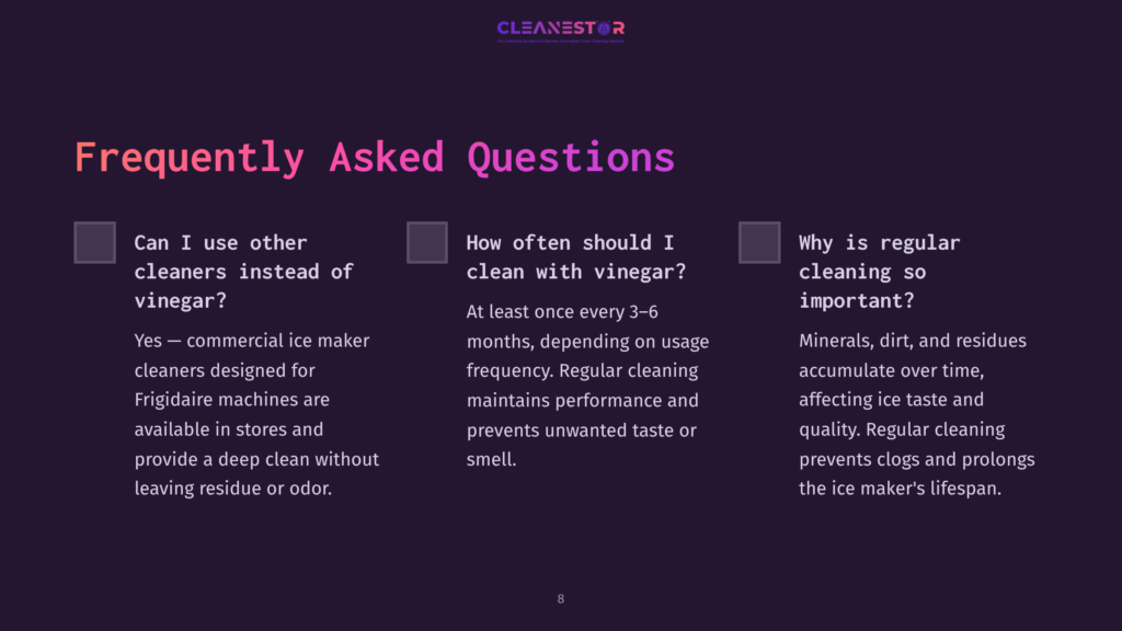 Cleanestor Logo With Text &Quot;Frequently Asked Questions&Quot; And Three Q&Amp;A Sections About Cleaning Ice Makers With Vinegar, Cleaning Frequency, And The Importance Of Regular Cleaning.