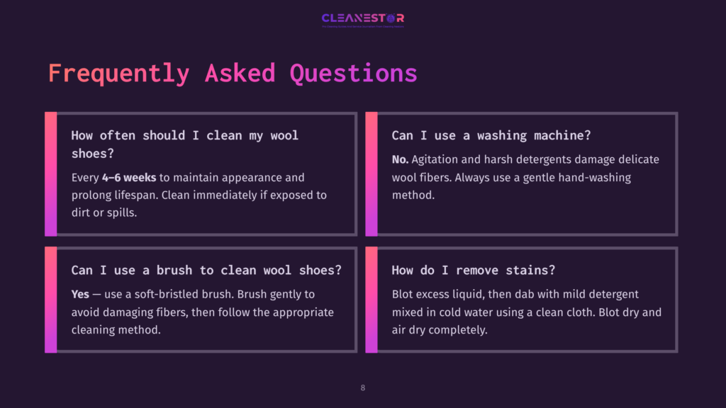 A Dark Purple Background With Four White Boxes Containing Frequently Asked Questions About Cleaning Wool Shoes. The Boxes Cover Topics Like Cleaning Frequency, Washing Machine Use, Brushing, And Stain Removal.