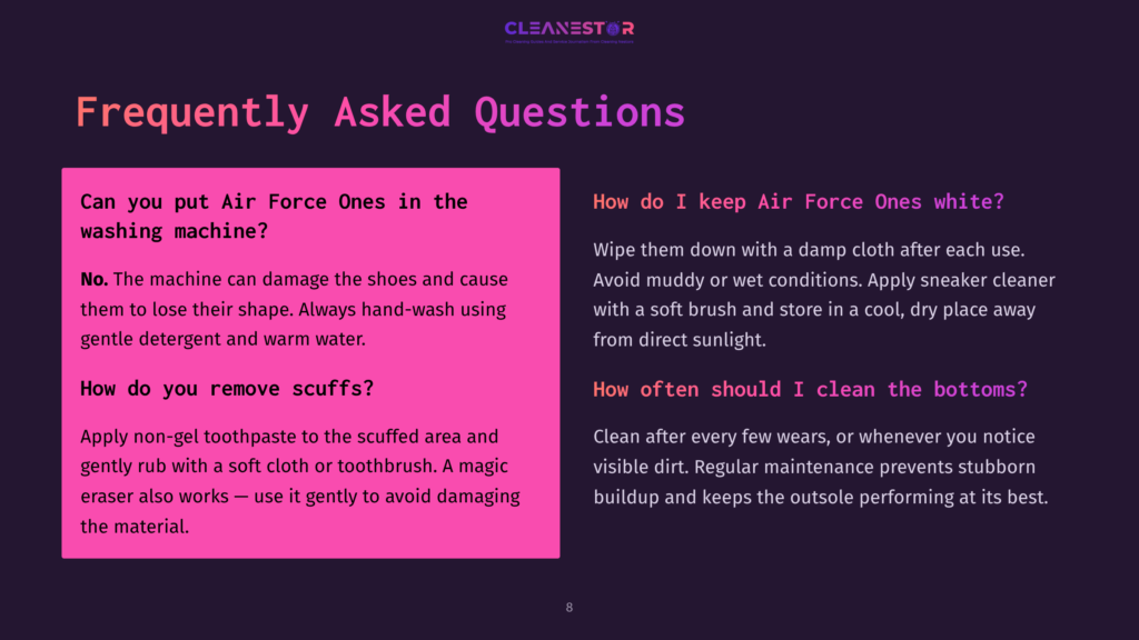 Faq Graphic For Cleanestor Shoe Care, With Text Answering Questions About Washing Air Force Ones And Cleaning Scuffs.