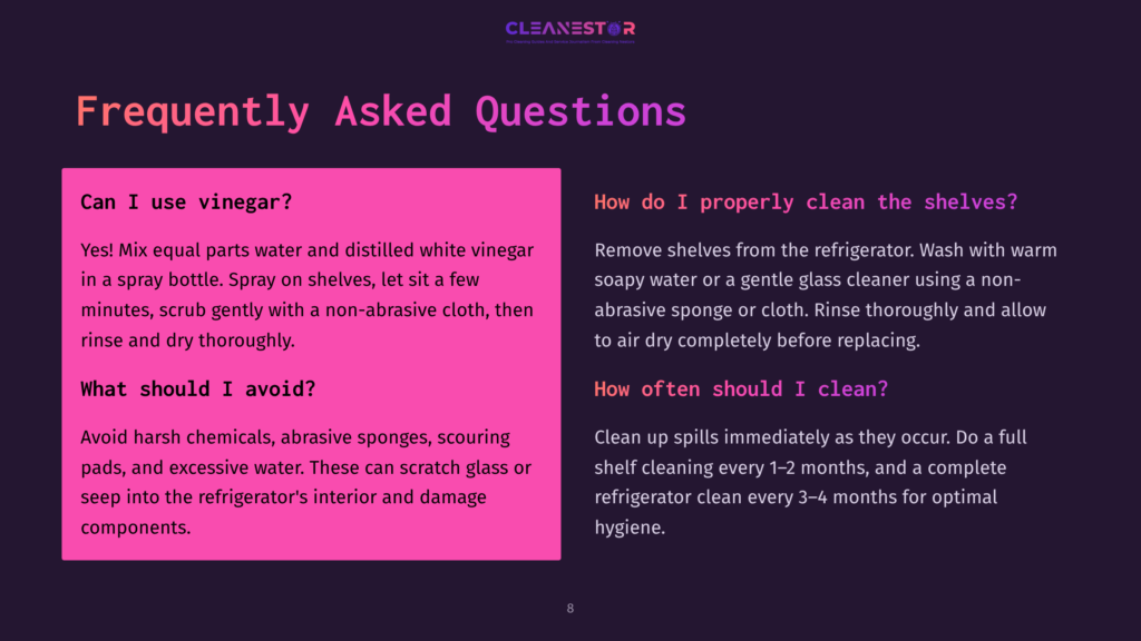 A Dark Purple Background With A Pink Rectangle On The Left Containing Text About Cleaning A Refrigerator With Vinegar And Avoiding Harsh Chemicals. A Pink Rectangle On The Right Contains Text About Cleaning Refrigerator Shelves And Frequency.
