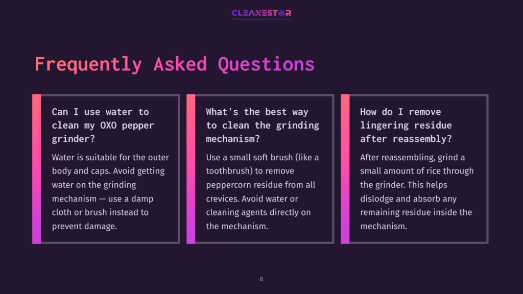 Cleanestor Faq: How To Clean Oxo Pepper Grinder, Remove Peppercorn Residue, And Clean Grinder After Reassembly. Dark Background With Text Boxes.