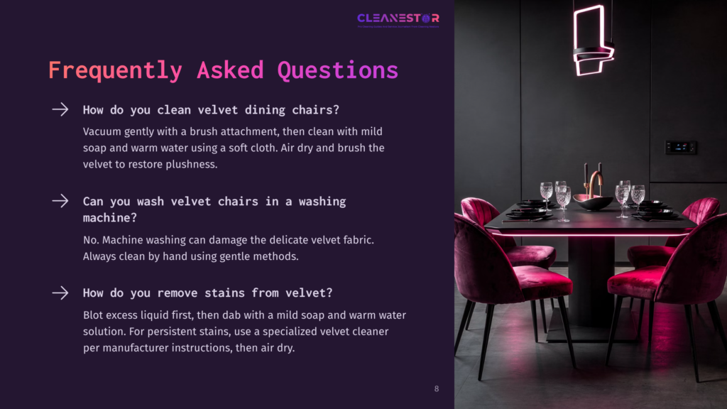 8 Frequently Asked Questions 65 A Modern Dining Room With A Velvet Dining Chairs, A Black Table, And A Neon Light Fixture. The Text &Quot;Cleanestar&Quot; Is Visible.